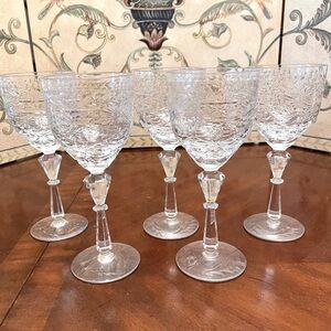 MCM 5 Crystal Wine Glasses Etched Foliage Prism Stem 8.25”gorgeous perfect VTG